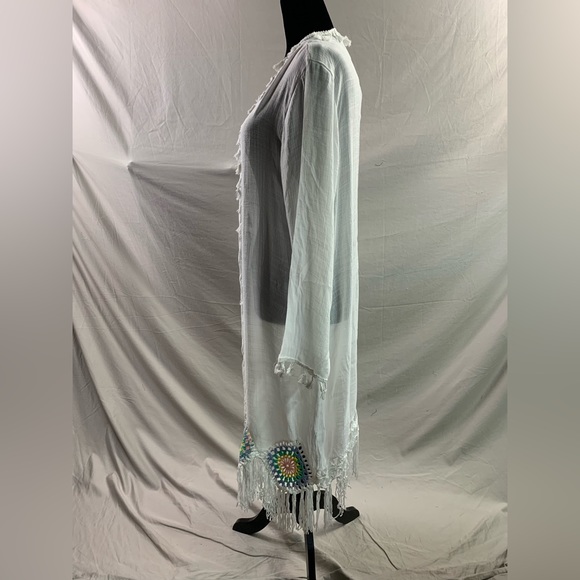 White Crochet Fringe Hem Coverup Kimono - Picture 9 of 10